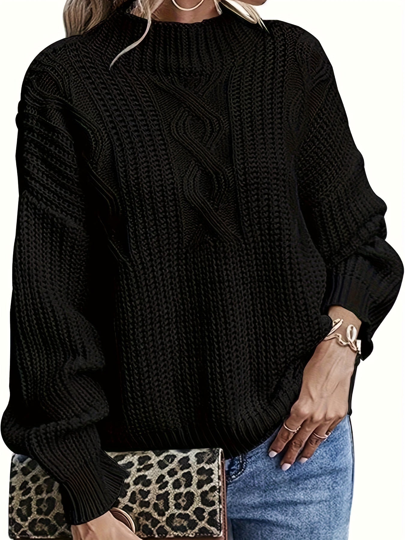 Casual Sweater Women's Plus Solid Jacquard Long Sleeve