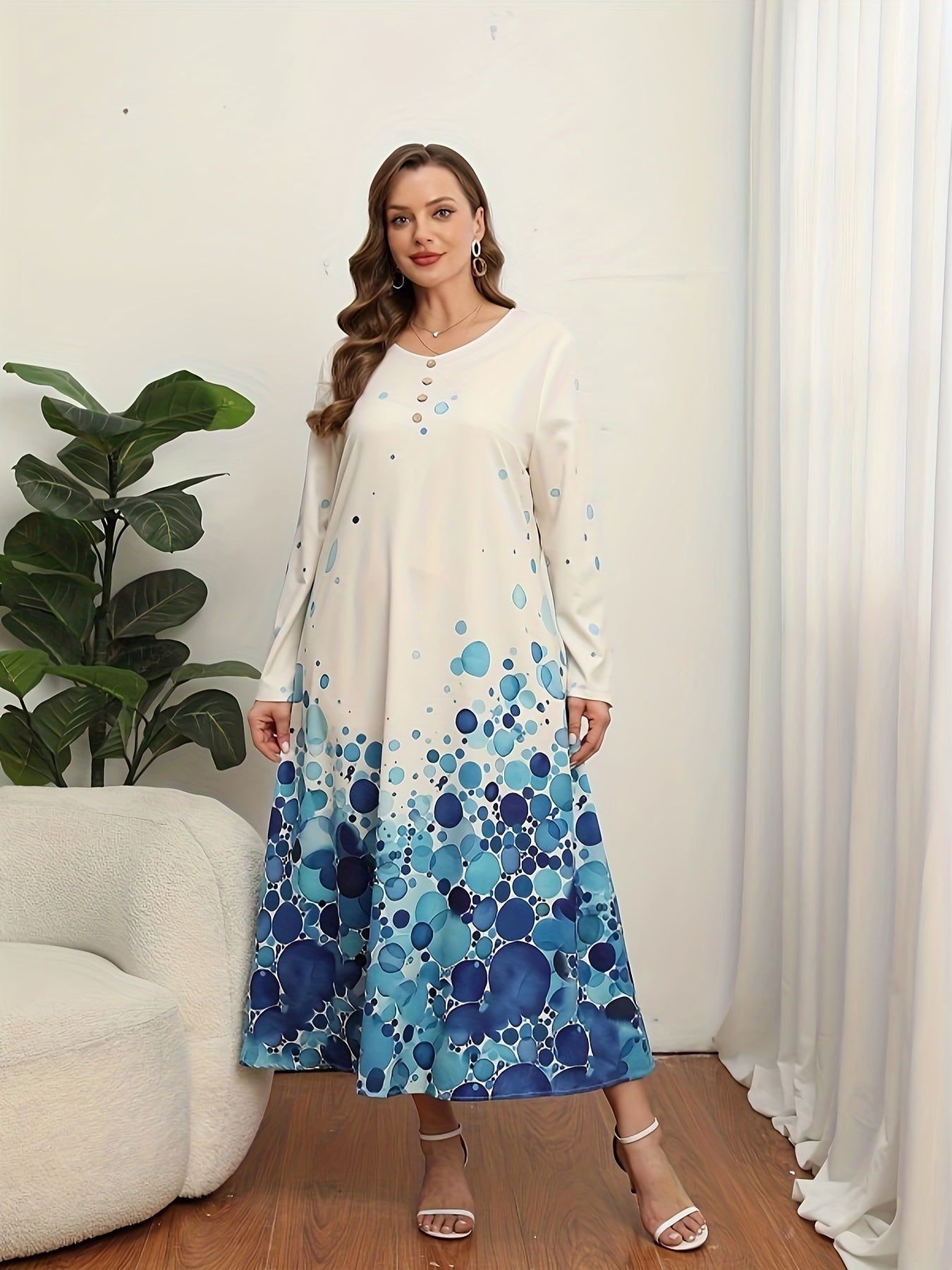 Casual Dress Women's Plus Dot & Ombre Print Long Sleeve V Neck Dress