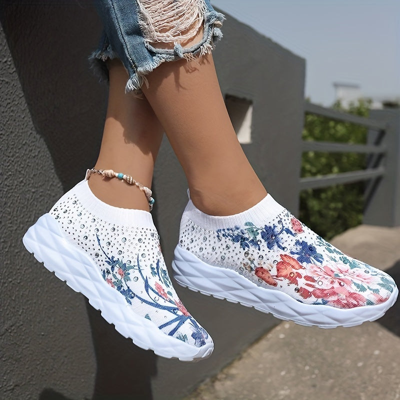 Women's Floral Print Knit Slip On Sneakers Low Top Sock Shoes Breathable Running