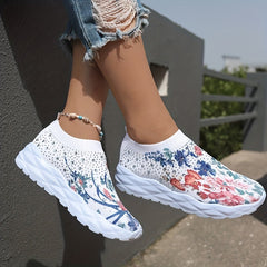 Women's Floral Print Knit Slip On Sneakers Low Top Sock Shoes Breathable Running