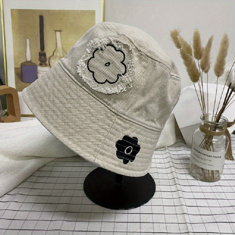 Flower Print Patch Bucket Hat Outdoor Sunscreen Fisherman Cap For Women