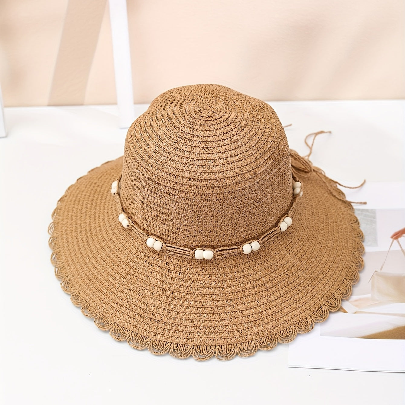 Ruffles Beads Decor Bucket Hat Solid Sun Hat Straw Hat For Women