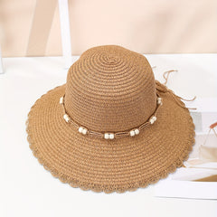 Ruffles Beads Decor Bucket Hat Solid Sun Hat Straw Hat For Women