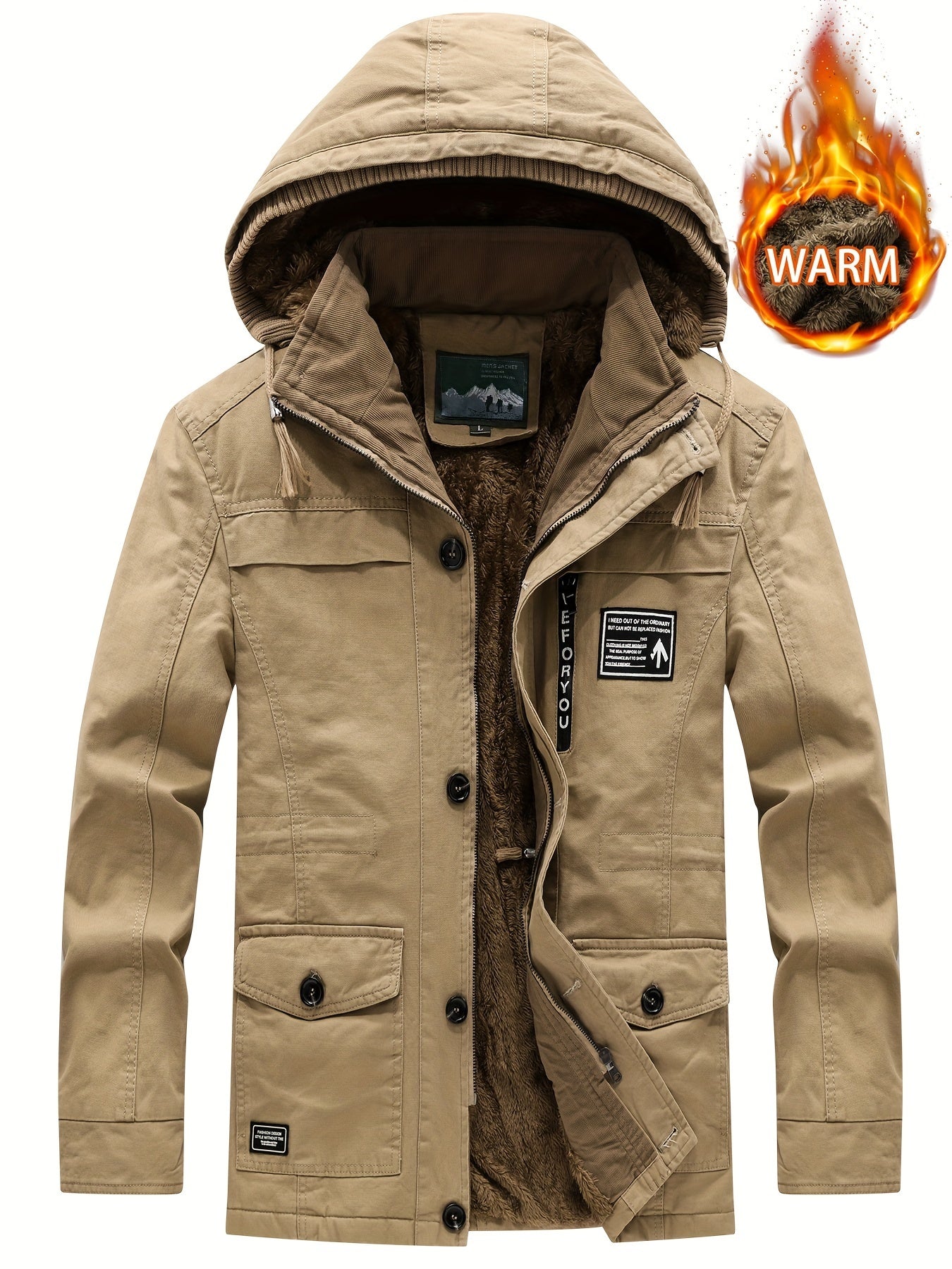 Men's Hooded Windproof Jacket Plush Warm Windbreaker For Autumn/Winter
