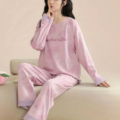Letter Print Pajama Set Long Sleeve Top & Pants Women's Sleepwear