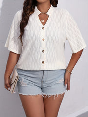Plus Size Casual Blouse Solid Jacquard Button Up Short Sleeve Notched Neck Top
