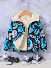 Boy's Tie Dye Happy Face Allover Print Hooded Fleece Jacket Zip Up Coat