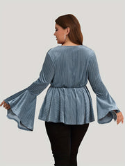 Casual Top Women's Plus Solid Striped Bell Sleeve V Neck