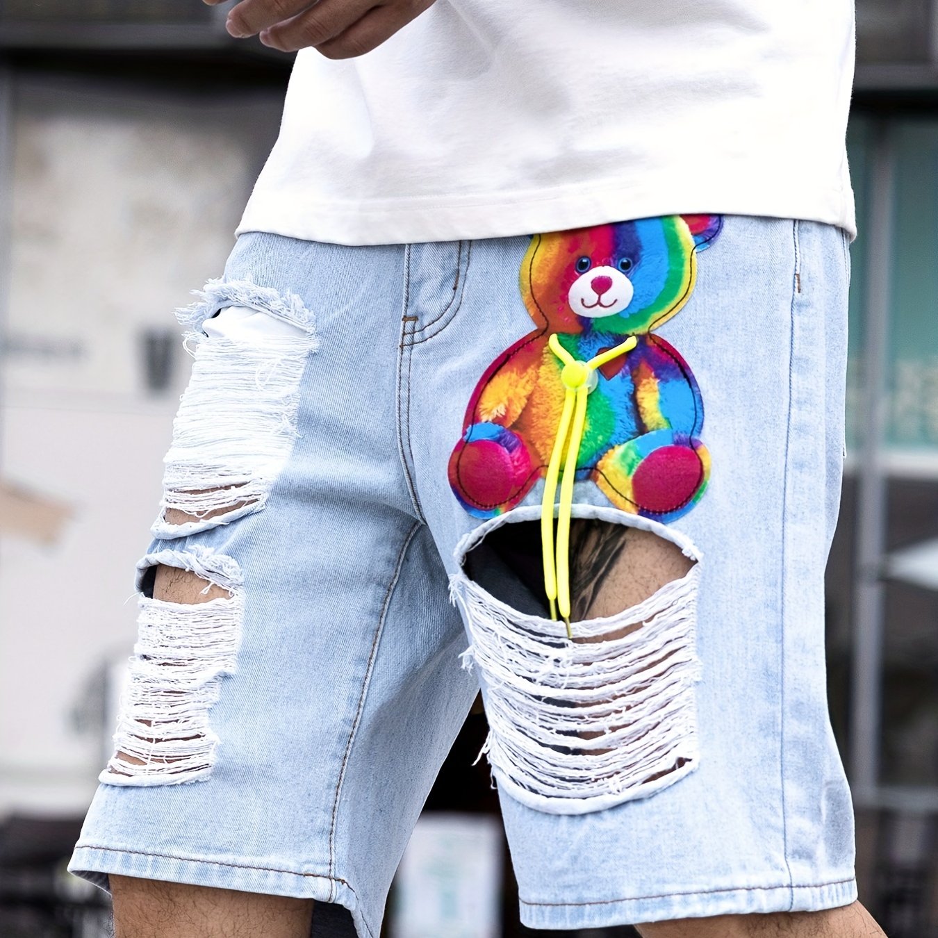 Colorful Toy Bear Pattern Ripped Denim Shorts Men's Casual Street Style Dist