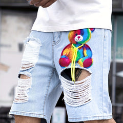 Colorful Toy Bear Pattern Ripped Denim Shorts Men's Casual Street Style Dist
