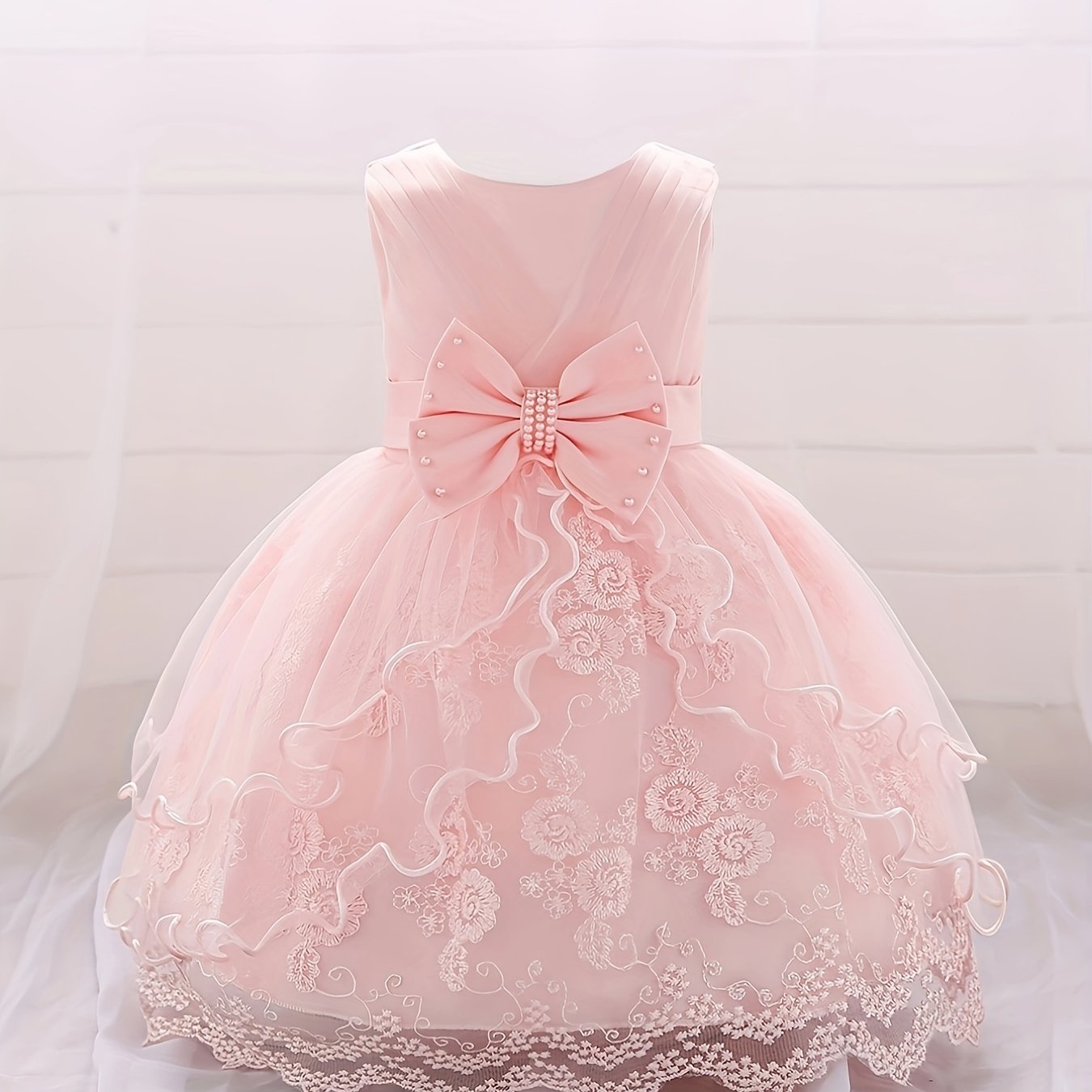 Infant Toddler Girls Pompadour Dress Embroidery Mesh Flower Girl Birthday Dress