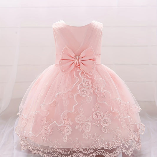 Infant Toddler Girls Pompadour Dress Embroidery Mesh Flower Girl Birthday Dress