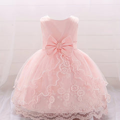 Infant Toddler Girls Pompadour Dress Embroidery Mesh Flower Girl Birthday Dress