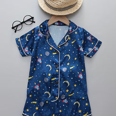 Boys Rocket Moon Star Pajamas Set Short Sleeves Tops & Bottoms