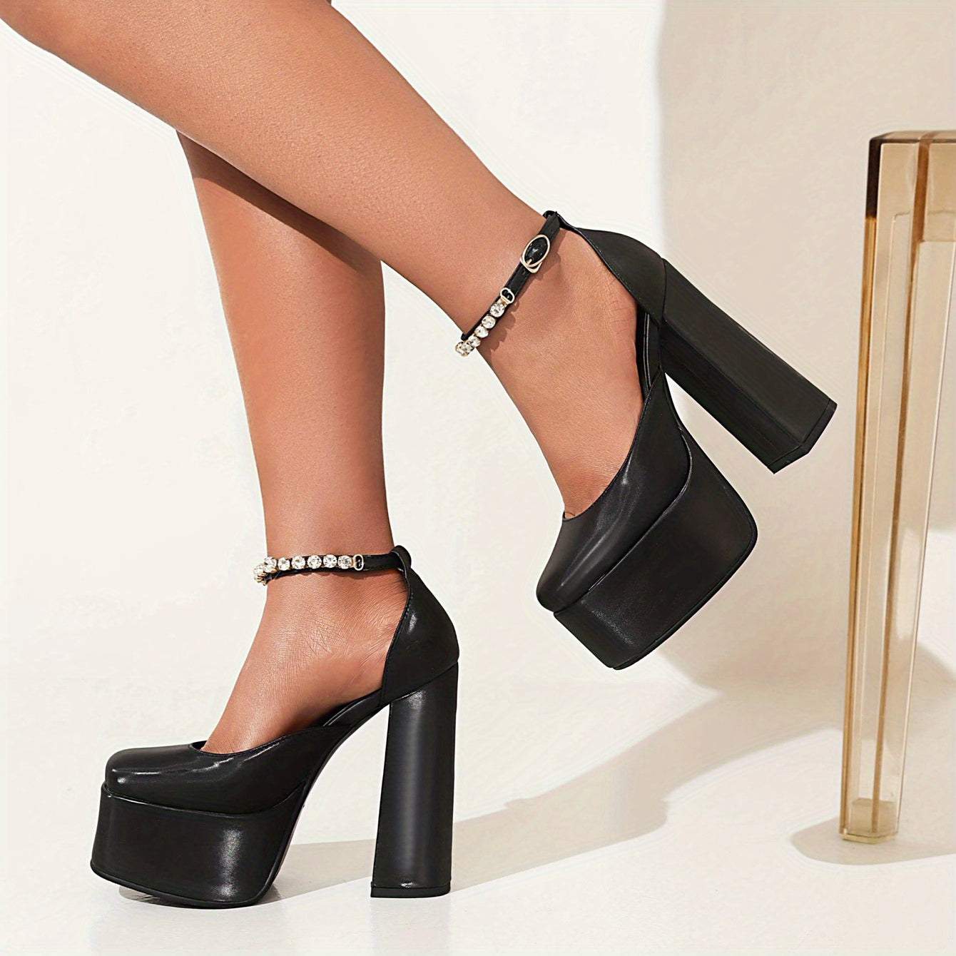 Rhinestone Block Heels Buckle Strap Platform Pumps