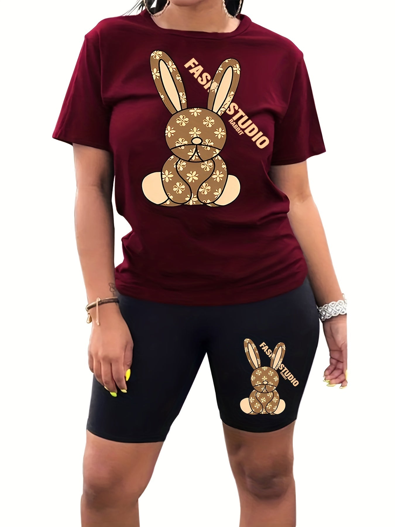 Letter & Rabbit Print Top & Shorts Outfit Set