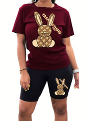 Letter & Rabbit Print Top & Shorts Outfit Set