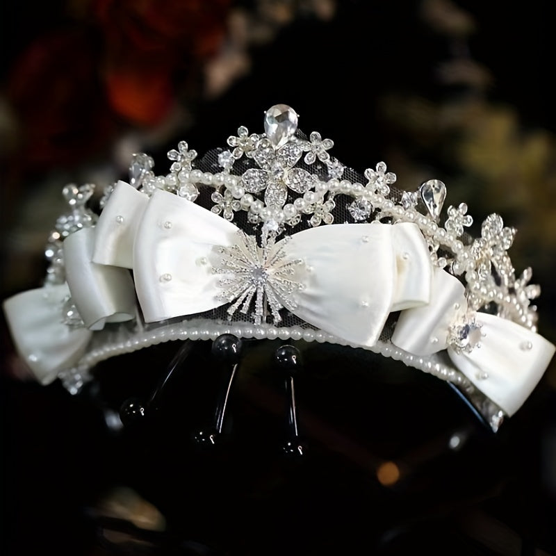 Bridal Rhinestone Pearl Headband Tiara Bow Wedding Hair Accessory