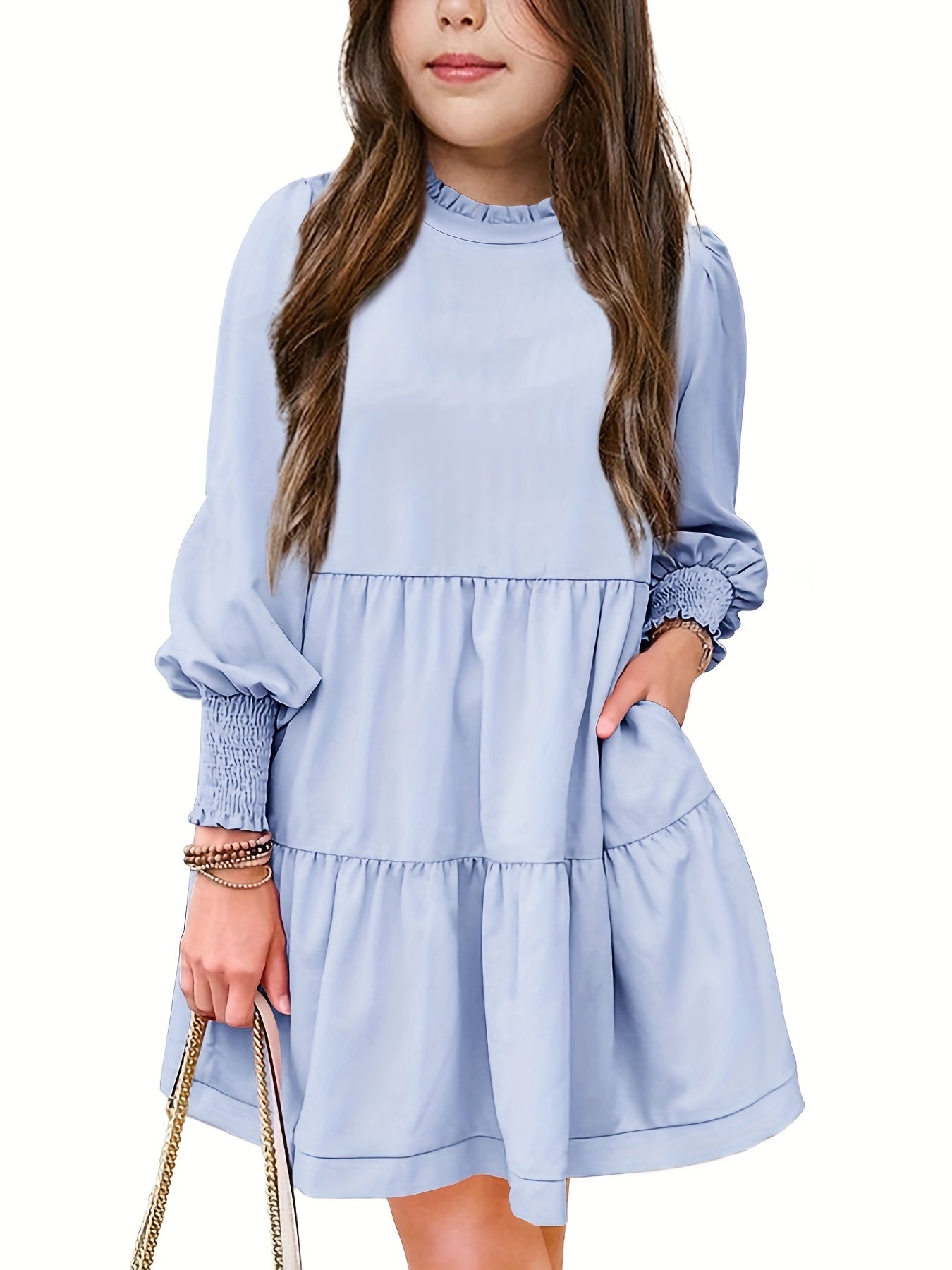 Girls Ruffle Neck Long Sleeve Dress Swing Dress Kids Casual Maxi Dress