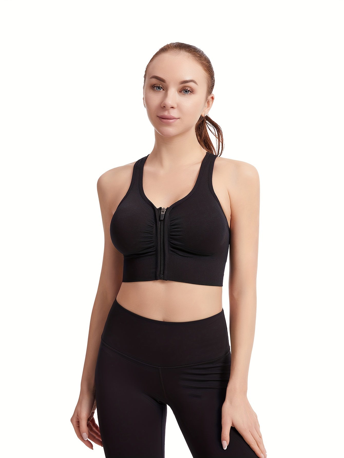 Women's Zipper Front Sports Bra Racer Back Fitness Bra