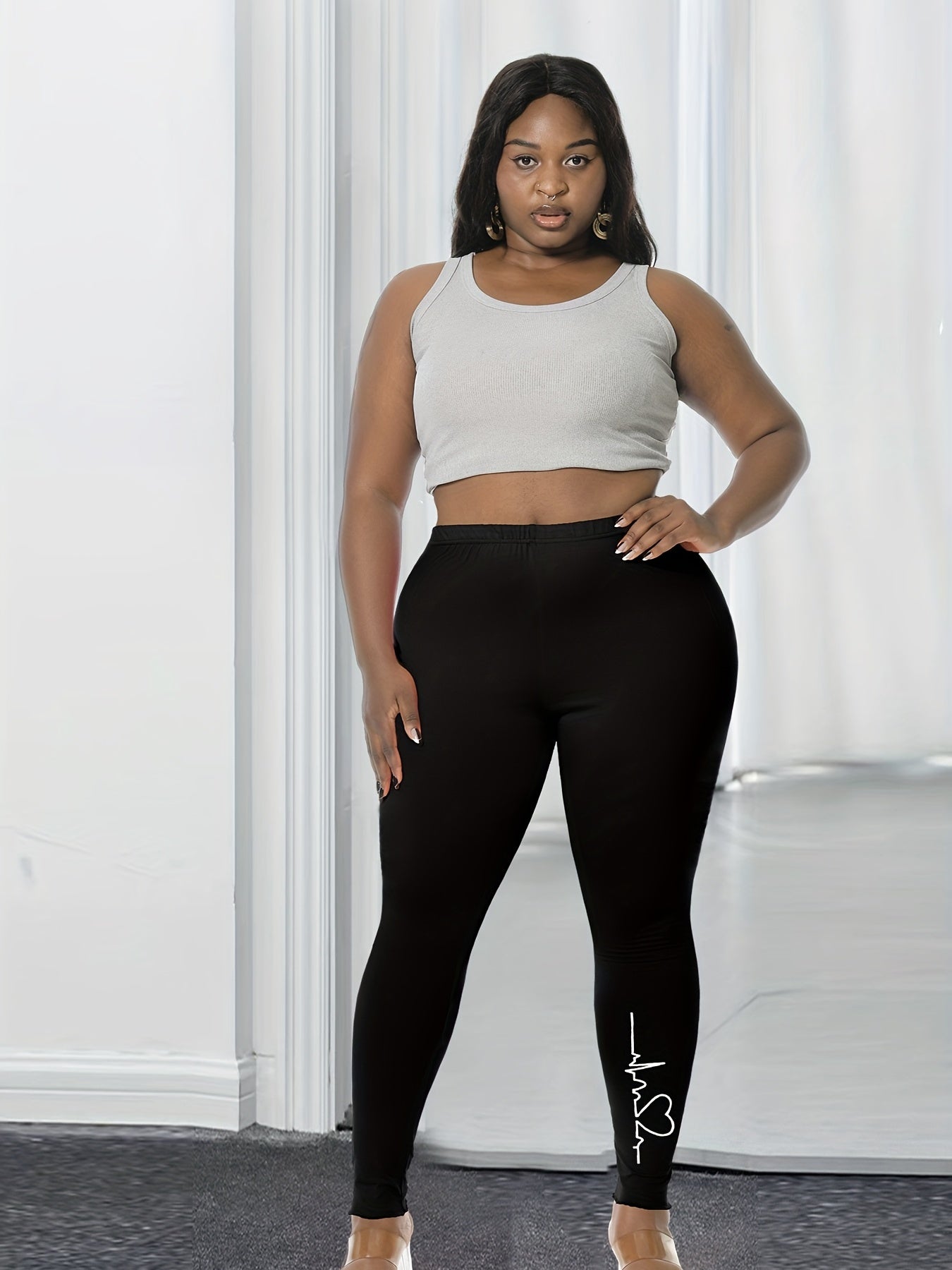 Casual Leggings Women's Plus Heartbeat Print Elastic Leggings