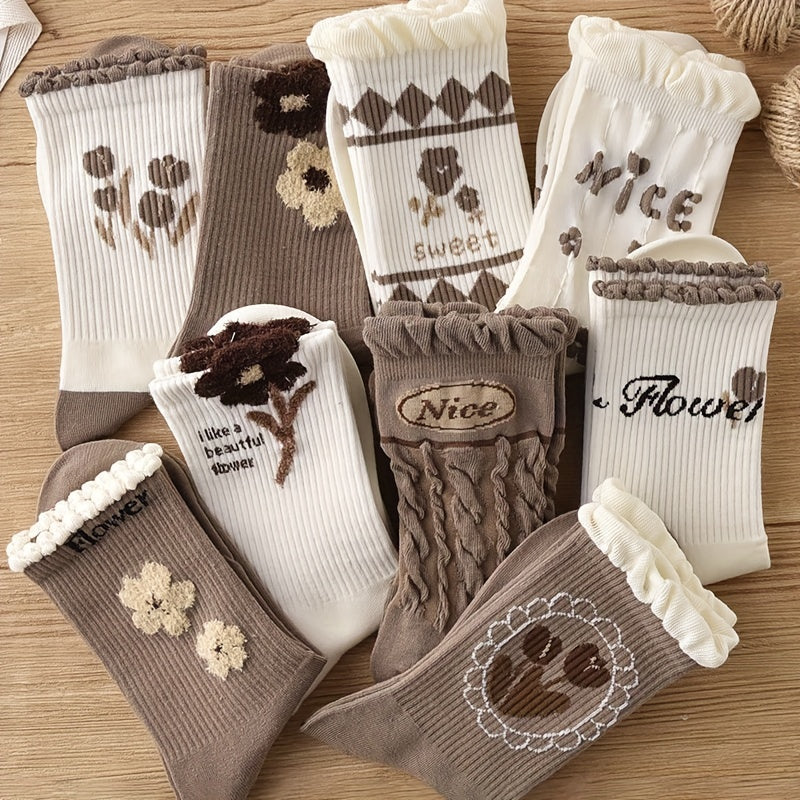 5 Pairs Floral Print Ruffle Socks Breathable Women's Stockings