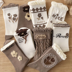 5 Pairs Floral Print Ruffle Socks Breathable Women's Stockings