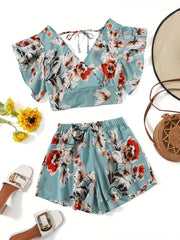 Vintage Floral Print 2pc Set V Neck Ruffle Trim Tops & Elastic Waist Shorts