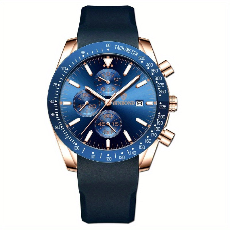 Multifunctional 3D Dial Men's Business Watch Waterproof Quartz Silicone