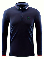 Men's Lapel Golf Long Sleeve Print Tennis Sports Shirt Letter V Style Top