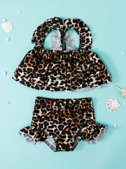 Baby Girls Print Swimsuit Set Ruffle Layered Crop Top Shorts 2pcs