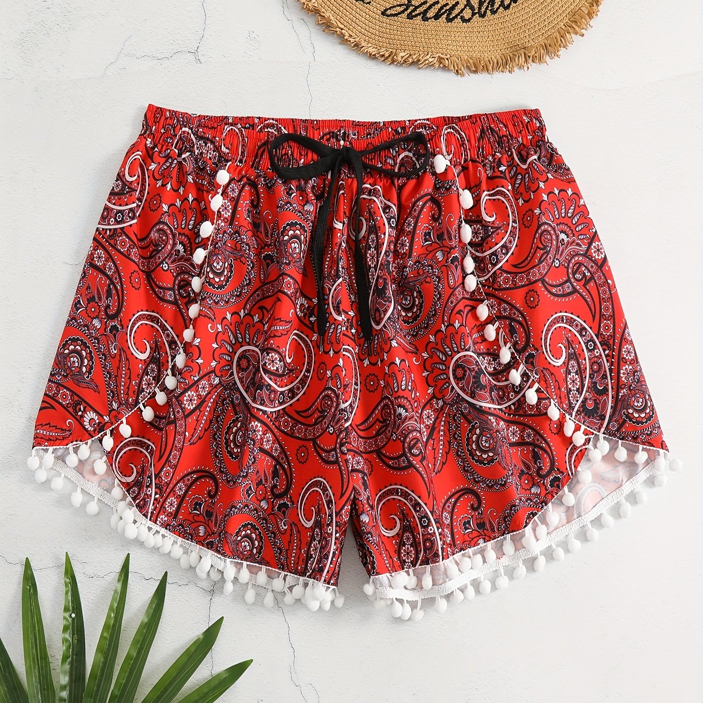 Boho Shorts Women's Plus Paisley Print Pompom Trim Elastic Vacay Short