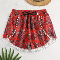 Boho Shorts Women's Plus Paisley Print Pompom Trim Elastic Vacay Short