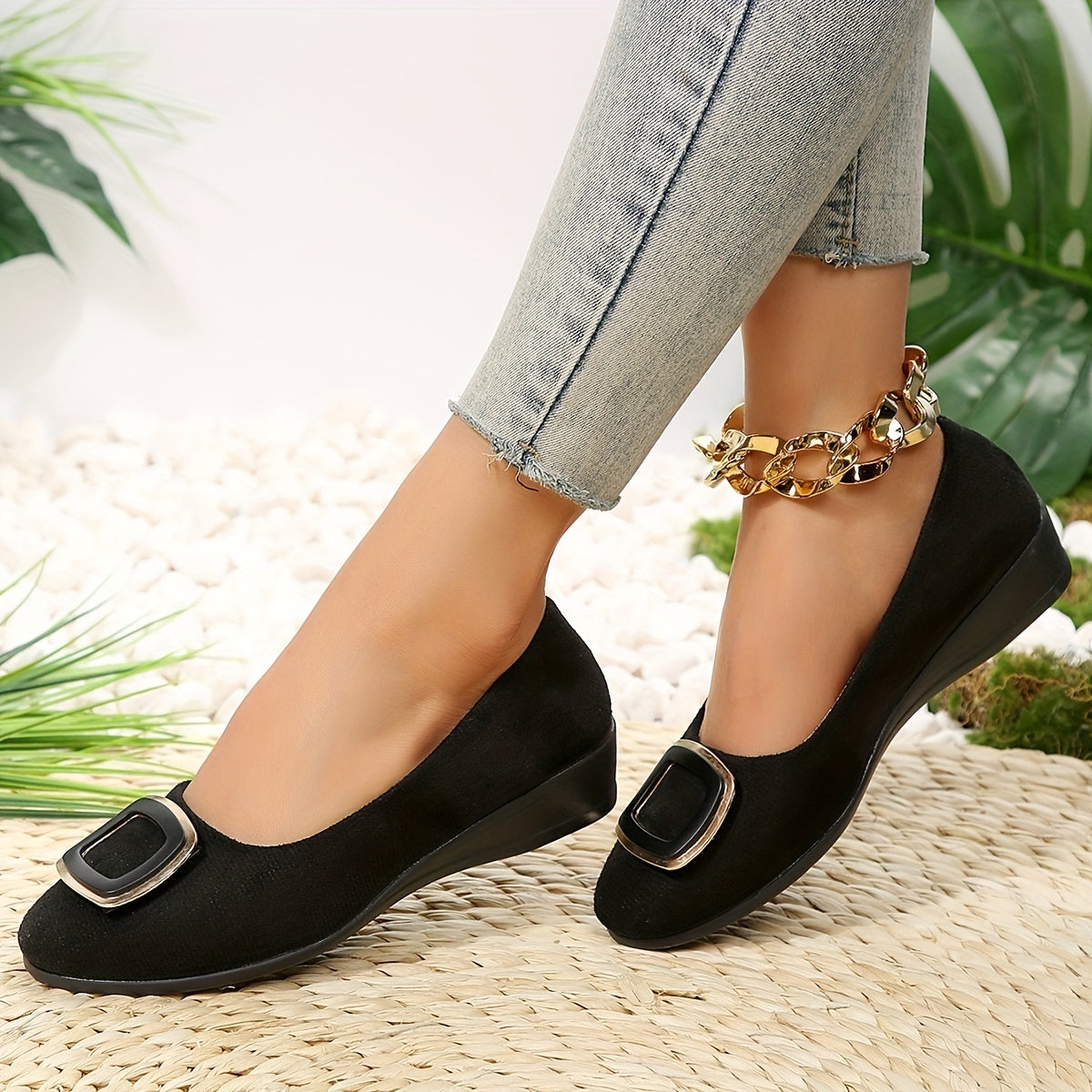Women's Slip On Wedge Shoes with Buckle Decor