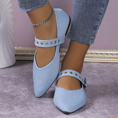 Women's Denim Buckle Flat Shoes Pointed Toe Slip On Casual Solid