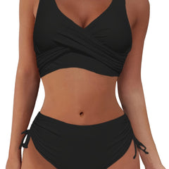 Layered V Neck Bikini Set High Waist Solid Two Piece Swimsuit