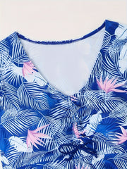 Boho Tankini Set Tropical Print Ruffle Sleeve V Neck Lace Top & Shorts