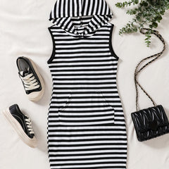 Girls Striped Bodycon Casual Hooded Tank Dress