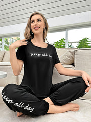 Letter Pattern Lounge Set Short Sleeve Round Neck Top & Loose Bow