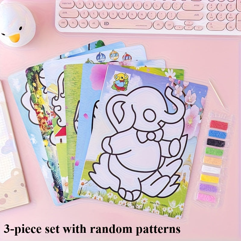 3pcs Cartoon Sand Painting Kit DIY Colored Paper Handicraft Craft Set