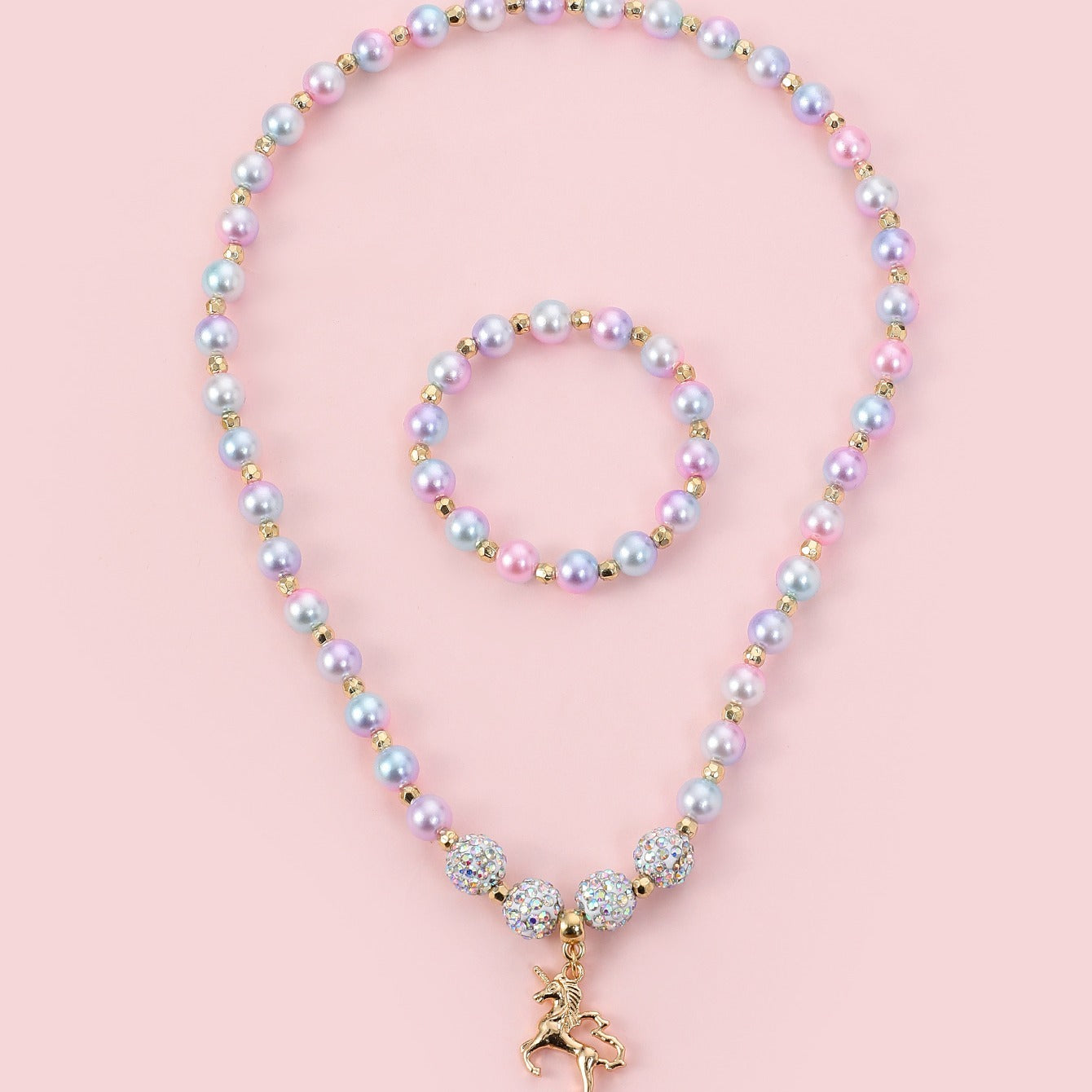 Kids Unicorn Bracelet & Necklace Set, Gradient Bead Jewelry