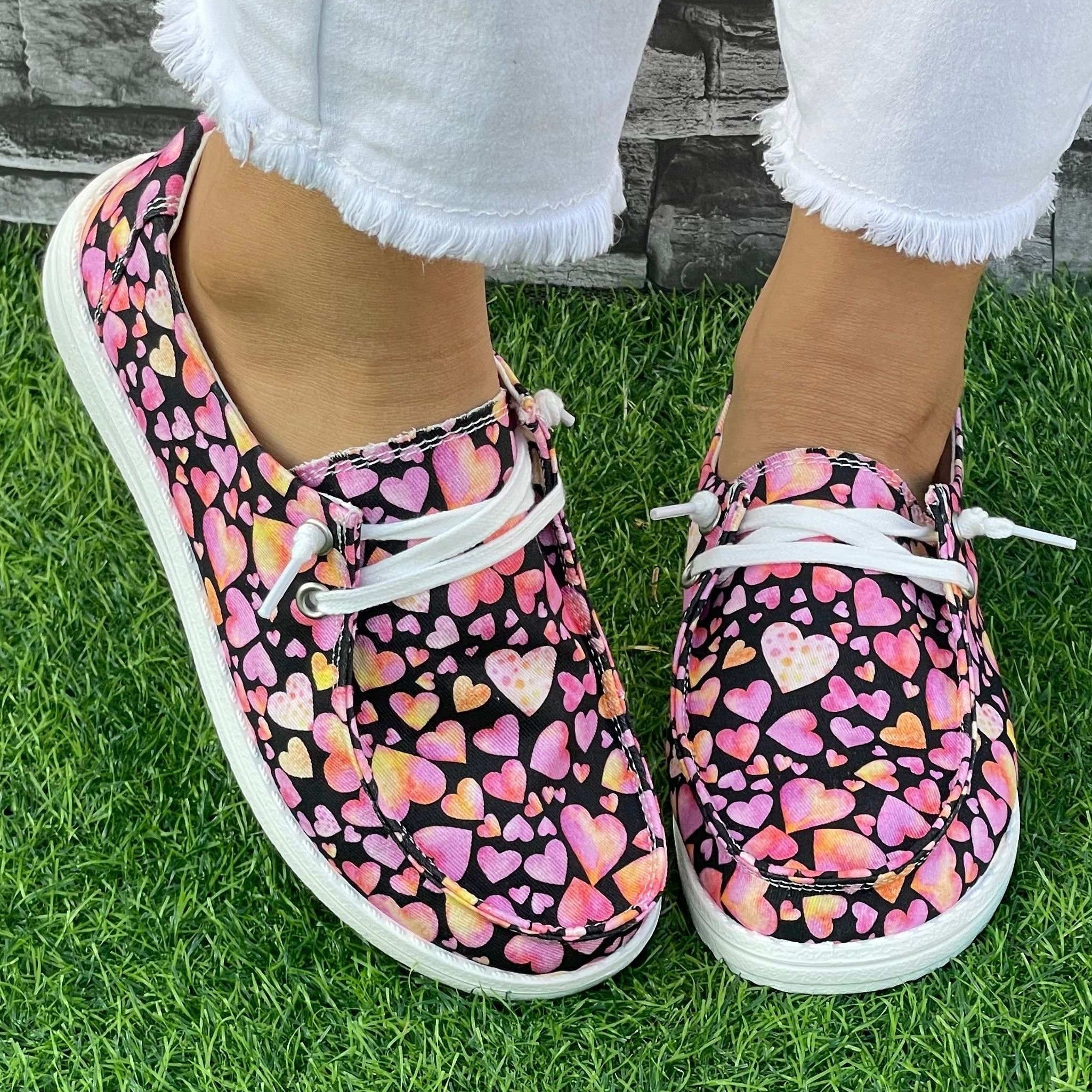 Pink Purple Love Heart Pattern Flat Shoes Women's Casual Lightweight