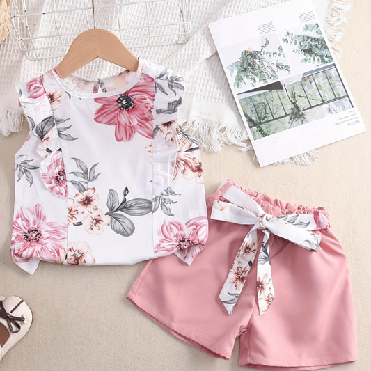 Toddler Girls Sleeveless Flowers Top & Shorts Set Kids Summer Clothes