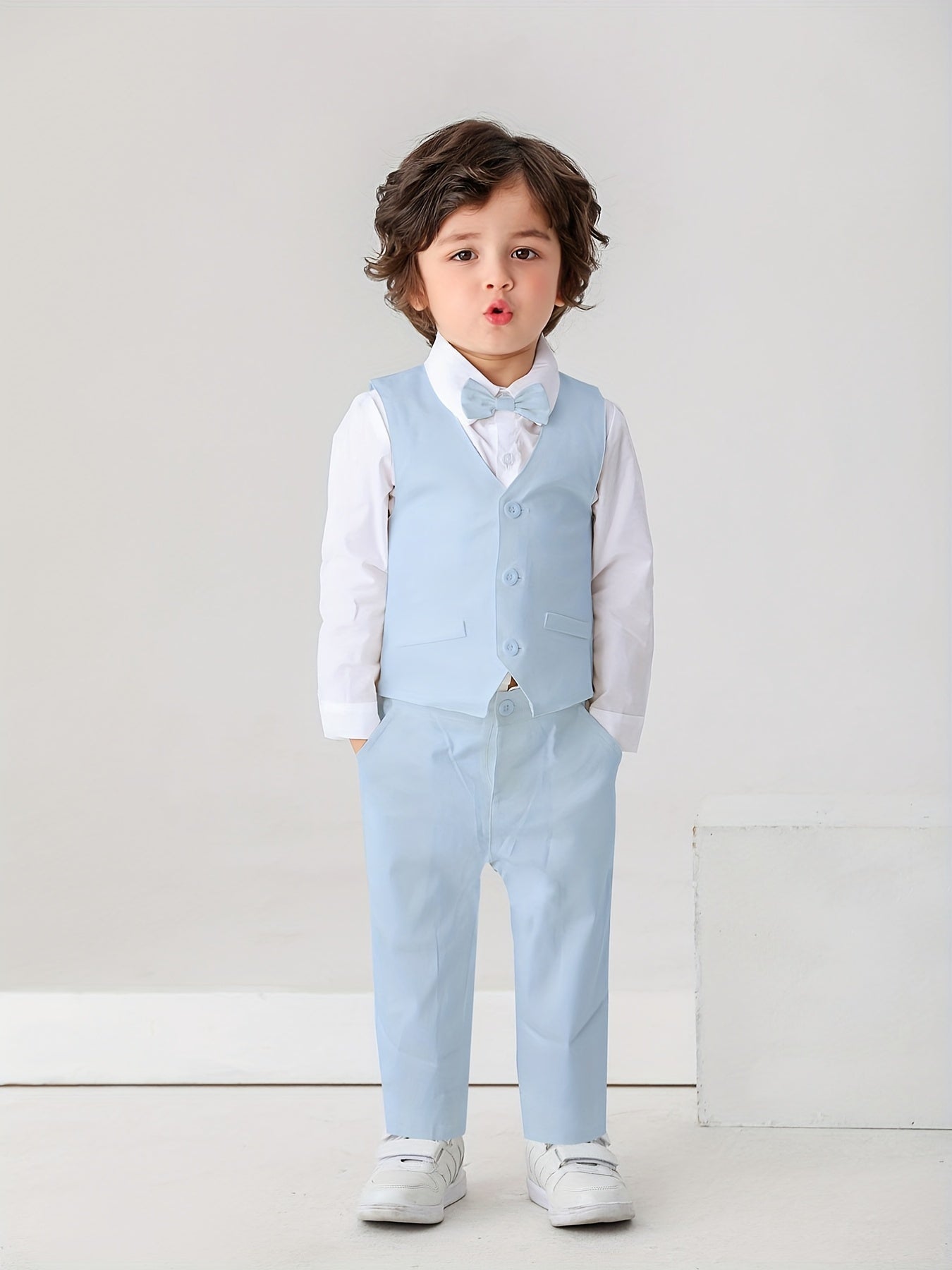 Kids Gentleman Suit 3pcs Dress Shirt Vest And Pants With Bow For Baby Boys