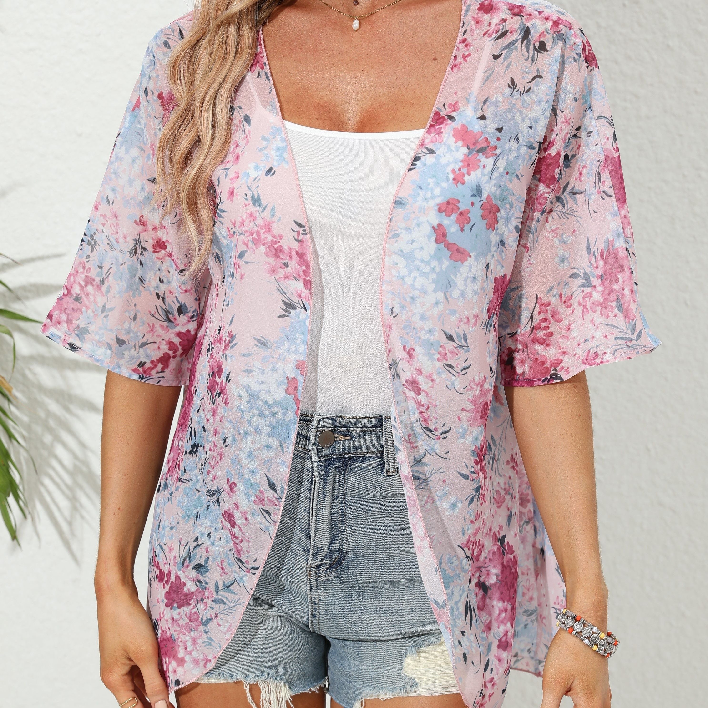 Floral Print Pink Open Front Cover Up Cardigan