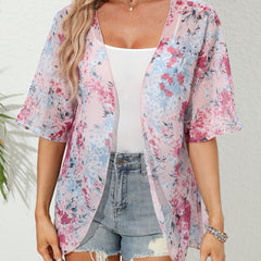 Floral Print Pink Open Front Cover Up Cardigan