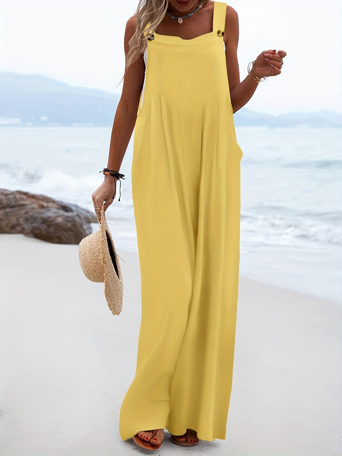 Solid Wide Leg Overall Jumpsuit Casual Button Overall Jumpsuit