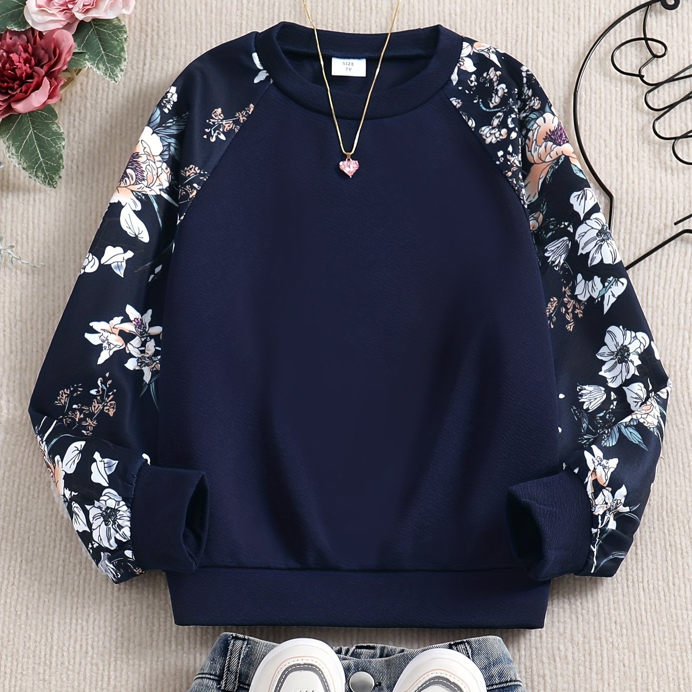 Girls' Raglan Floral Print Casual Sweatshirt Top