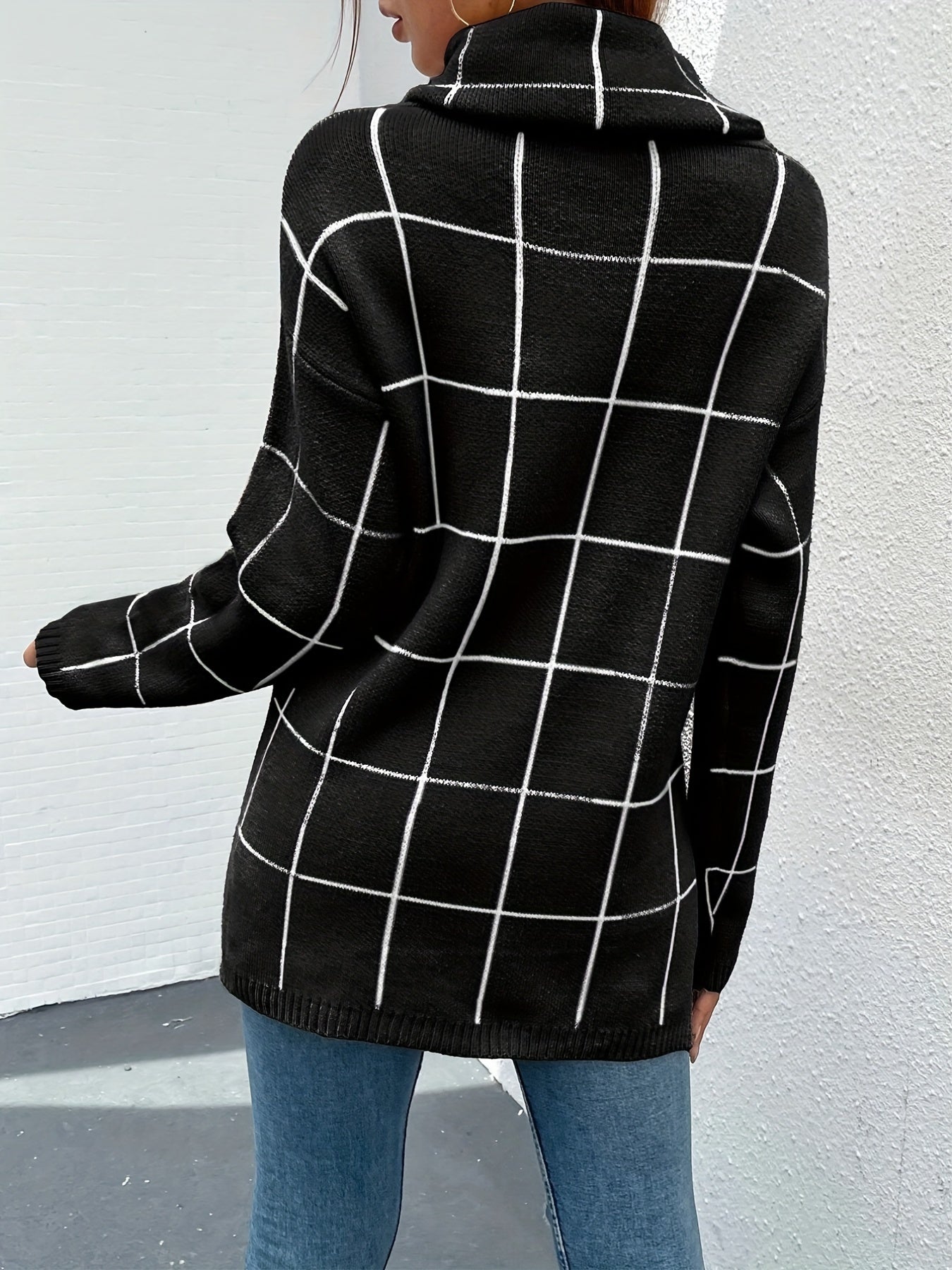 Plaid Print Turtle Neck Sweater for Women