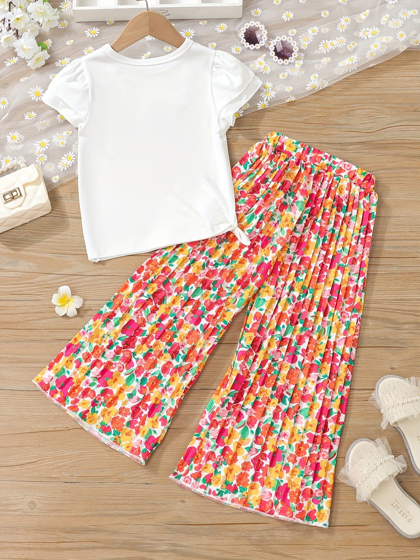 Girl's 2pcs T Shirt & Pleated Wide Leg Pants Set Anime Print Top Casual Outfits